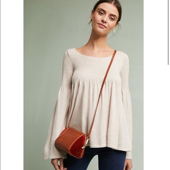 Anthro Knitted & Knotted Oatmeal Wool Blend Balloon Sleeve Babydoll Sweater Top - Picture 5 of 13